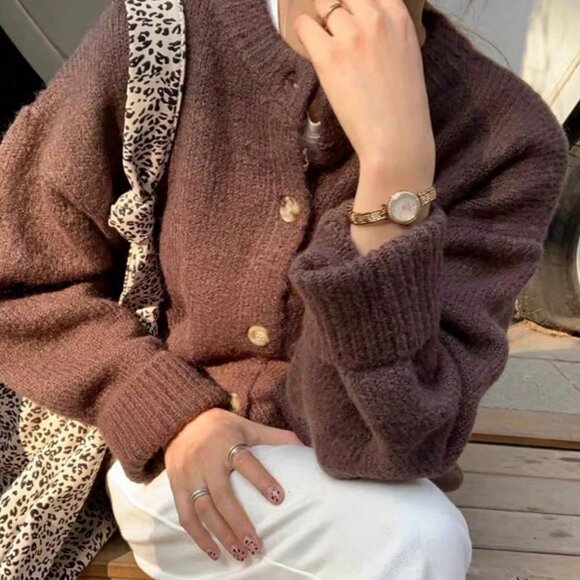 Brown Casual Women's  Slouchy Loose Knitted Sweater Cardigan - Picture 9 of 11